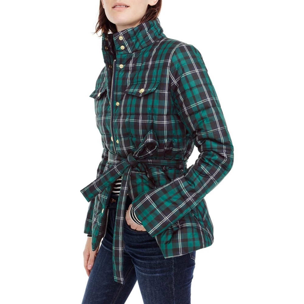 NWT J. Crew Plaid Belted Puffer Jacket